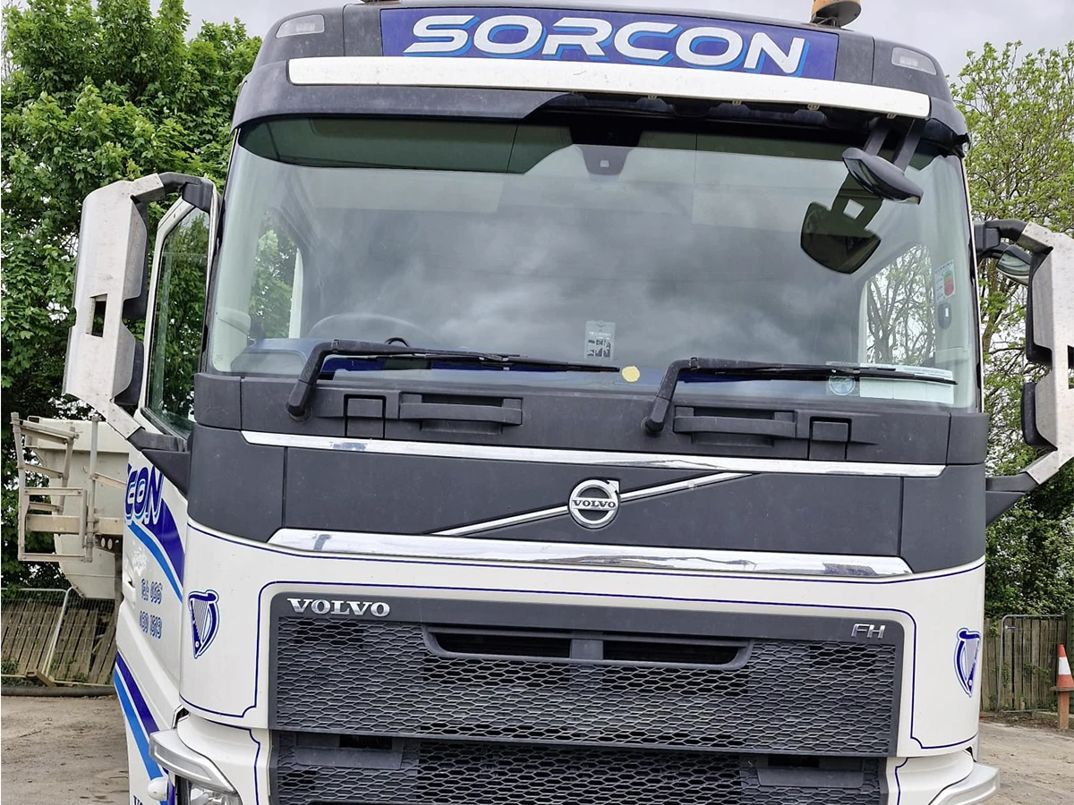 Volvo truck cab with a newly fitted windscreen, replaced by Mobile Plant Glass